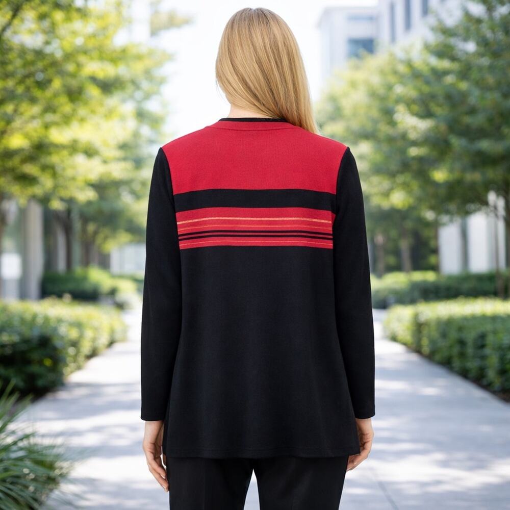 Exclusively Misook Raspberry Red Black Striped Open Cardigan Jacket Size M Korea - Picture 6 of 7